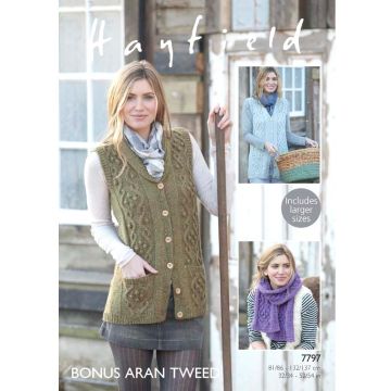 Sirdar Hayfield Aran Tweed Women's V Neck Cardigan Scarf Pattern 7797 32-54in