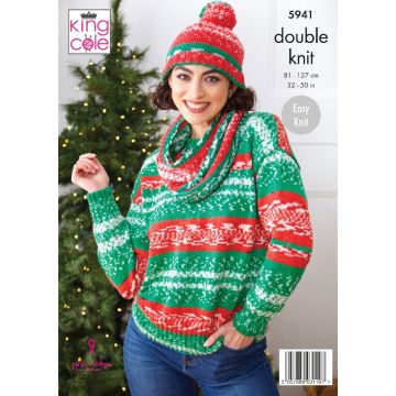 King Cole Knitting Pattern Christmas Sweater Scarf Cowl Set Fjord DK P5941 34 to 48in