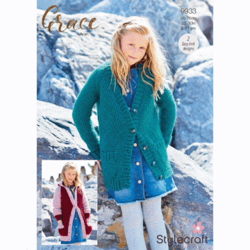 Stylecraft Grace Aran Girls Jacket & Hoodie 9933 Knitting Pattern Download  